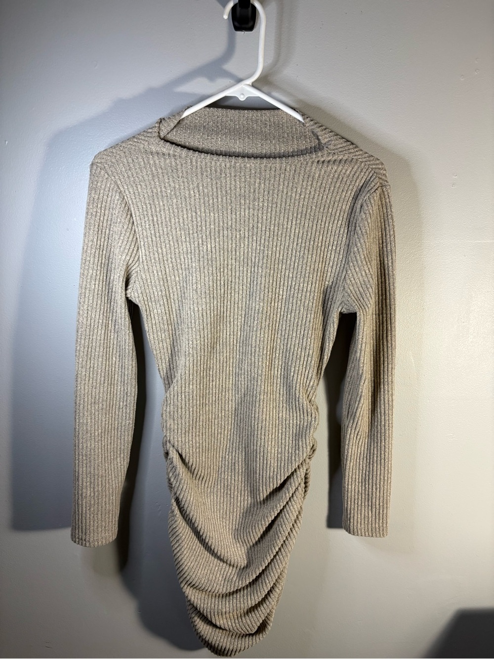 Forever 21 Taupe Ribbed Mock Neck Sweater Dress with Ruched Back Detail